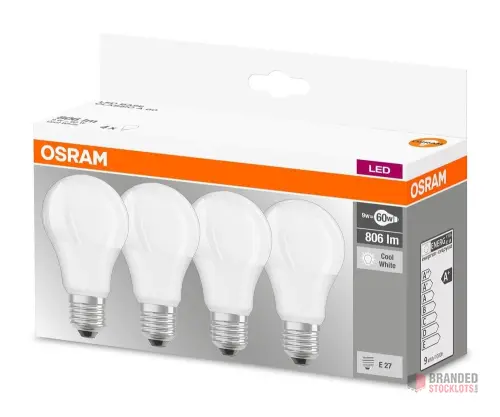 Osram 4x LED BASE Classic E27-A60 9W to 60W Equivalent Bulbs - thumbnail image - Premier B2B Stocklot Marketplace